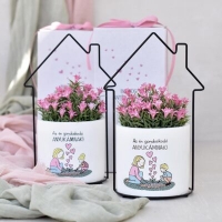 Anyák napi ajándék - kézzel rajzolt egyedi virágos kaspó ház formájú vázzal